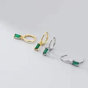 925 Sterling Silver Small Square Green Cubic Zirconia Stone Pendant 18K Gold Plated Hoops Piercing Earrings Jewelry for Women