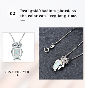 Hibou Cuivre Placage Platine Bijoux Blanc Bleu Opale Femmes tour de Cou Pendentif En Argent Collier - Product Image 6