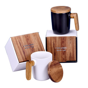 Seaygift office home nordic style bamboo cover wooden handle coffee mugs vintage ceramic coffee cup mug with lid gift box set