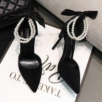 Nouveauté 2024 Sandales d'Été à Talons Aiguilles Fins et Boucle Unique, Talon Haut Stiletto Mode Femme Noir Bout Pointu Nœud, Vente en Gros