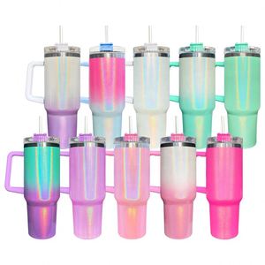 Gobelet de voyage isotherme 40oz en acier inoxydable avec poignée, dégradé ombré scintillant, vierge pour sublimation, avec paillettes - Product Image 1