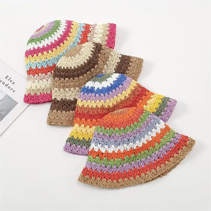 New Women Girl Crochet cotton yarn Rainbow Colour Striped Packable Bucket Cap Beach Cap Sun summer Hat
