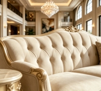 Ensemble de canapés en tissu de style français de luxe, cadre en bois massif sculpté doré, canapé pour salon de villa, mobilier haut de gamme pour hall d'hôtel