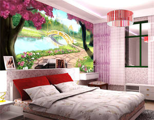 Papier peint en soie de conte de fées, château de jardin, fleurs de cerisier roses, pont doré, décoration intérieure, imperméable, autocollant, chambre d'enfant, appartement - Product Image 1