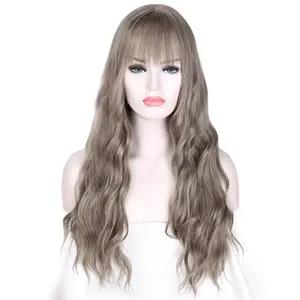 女性のための前髪水波耐熱ブラックブラウンピンクパープルコスプレウィッグと活力のある合成ロンググレーウィッグ