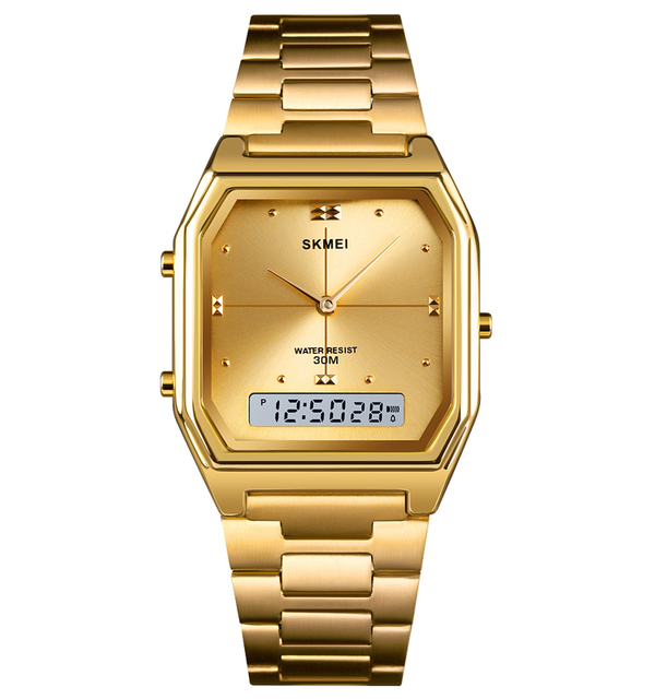 Fashion Dual Time Analog Alloy Wrist Watch Stainless Steel Band Waterproof Square Case Chronograph Alarm Date Custom Logo