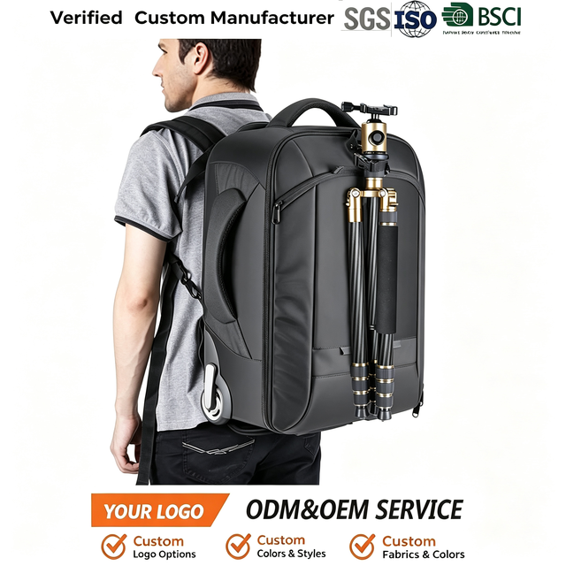 ISO Custom Eco-friendly Lightweight Polyester Large Capacity Camera Rolling Trolley Backpack Customized Color Zipper Closure