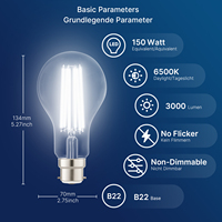 Ampoule à filament LED A70 ultra-lumineuse à haut lumen 18W B22 3000LM 6500K Verre transparent Classe énergétique C CE ErP pour l'éclairage commercial