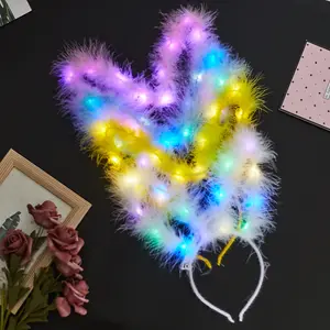 Luminous Feather Rabbit Ear Headband Lights Bunny Ears Hair Hoop Cosplay Hairband Birthday Party Festival Costume Headwear Gift