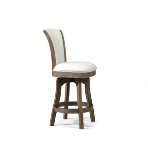 Tabouret de bar pivotant sans accoudoirs Henry, hauteur de comptoir, en lin blanc naturel, base en bois, design moderne - Product Image 1