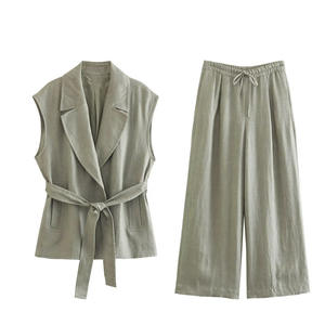 Temperamento Casual con cinturón Chaleco suelto Pantalones de pierna ancha de cintura alta Conjunto de dos piezas <span class=keywords><strong>Ramin</strong></span> de algodón y lino para mujer Moda - Product Image 1