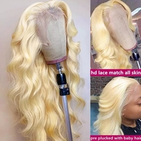 Perruques en dentelle frontale 613, cheveux humains, 13x4, blondes, lisses, HD, transparentes, pré-plumées avec des cheveux de bébé, sans colle