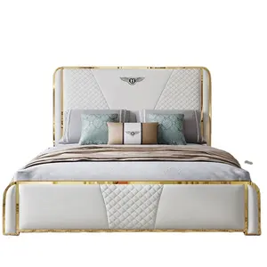 Venta caliente diseño simple dormitorio moderno simple bently de acero inoxidable de lujo de cuero cama