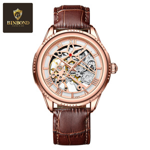 Binbond Automatic Mechanical Watch Rose Gold Skeleton Men's Watch 30M Waterproof Genuine Leather Strap - Product Image 5