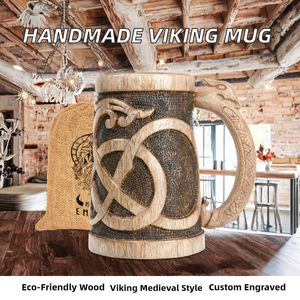 Jarra de Cerveza Vikinga Hecha a Mano de Madera Pulida, Estilo Rústico Medieval, Ecológica, Personalizada con Grabado, Coleccionable - Product Image 3