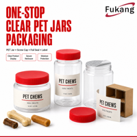 Frascos Transparentes de PET con Tapas de Rosca Rojas, Sellos de Aluminio, Etiquetas y Caja para Marcas de Golosinas para Perros que Buscan un Suministro Integral de Sets de Empaque