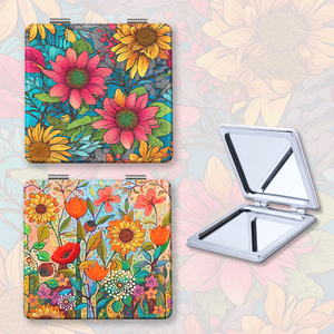 Specchio Pieghevole per Trucco con Fiori Colorati, Cornice in Acciaio Inossidabile, Specchietto Tascabile Quadrato da Viaggio - Product Image 1
