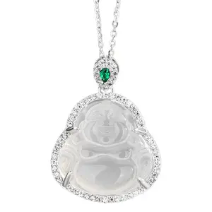Factory direct sales s925 sterling silver diamond inlaid white jade Maitreya Buddha necklace New Buddha jade clavicle chain
