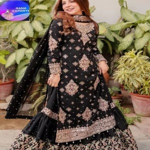 Wholesale Supply Women's Party Wear Dress Black Heavy Embroidered <b>Kurti</b> with Sharara Dupatta Available At Best Market Price - Product Image 2