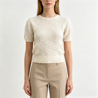 Pull en maille décontracté à manches courtes de couleur rose de haute qualité Filippa Custom Pormporm Pointelle, vente en gros OEM & ODM