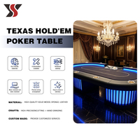 Mesa de Póker Texas con Pedestal en Forma de D, Personalizada por YS OEM, con Luz LED, Fieltro Azul Marino, 10 Portavasos Dorados, Base Iluminada, Estilo Casino
