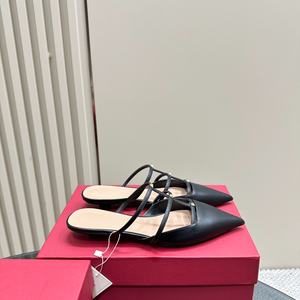 Black Leather <b>Pointed</b> <b>Toe</b> Double Strap <b>Flat</b> Mules Slip On Backless Shoes - Product Image 2