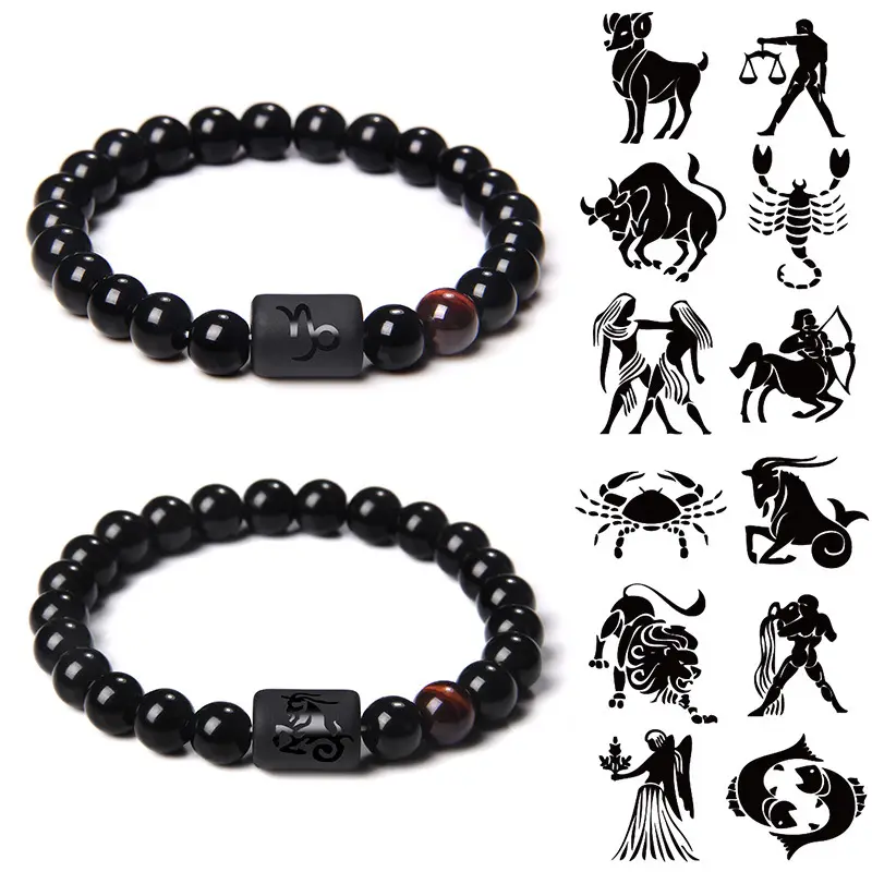 Zodiac Bracelet for Men Women 8mm Natural Black Onyx Stone Star Sign Horoscope Bracelet Gifts