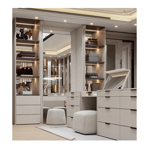 Kustom mewah berjalan Almirah ruang ganti kabinet kayu kaca ganda pintu geser lemari pakaian - Product Image 2