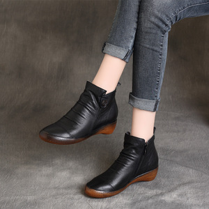 Nouvelles Bottines à Lacets en Cuir Véritable Style Ethnique Rétro Automne Hiver, Plateforme, Semelle Souple, Talon Compensé - Product Image 3