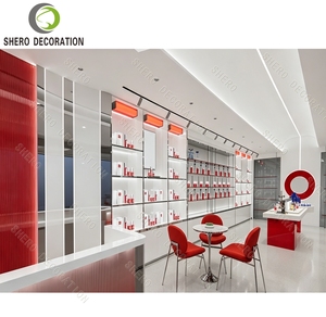 Modern Skincare Store Interior Design Red & White Cosmetic <b>Display</b> Cabinet Glass <b>Shelf</b> Wall <b>Unit</b> with LED Lightbox Shop Fitting - Product Image 3