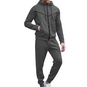 Ensemble de survêtement à capuche pour homme, manches longues, fermeture éclair, couleur unie, vêtements décontractés d'automne, matière respirante en polyester et coton - Product Image 1