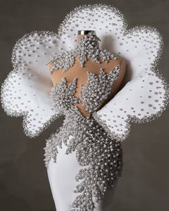 Splendido Abito da Sera Formale a <span class=keywords><strong>Sirena</strong></span> con Perle Avorio e Gilet, Collo Alto, Ricamato, Stile Dubai, per Matrimoni e Feste, Abiti Speciali - Product Image 1