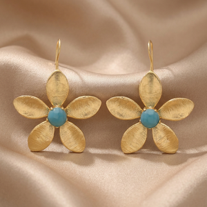 Pendientes de aro colgantes de latón con diseño floral étnico, chapados en oro de 24k y rodio, con circonitas, llamativos, al por mayor - Product Image 3