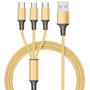 Multiple Universal 3in1Nylon Braid Charger Data USB Cable i for android Phone Micro type c Free Sample 3A One USB Multi 3 in 1