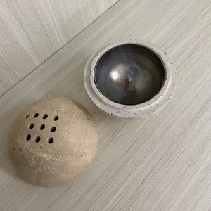 stonekocc Middle East Arab 9 Holes Handmade Natural Marble Beige Travertine Stone Round Incense Burner Holder with Silver Bowl