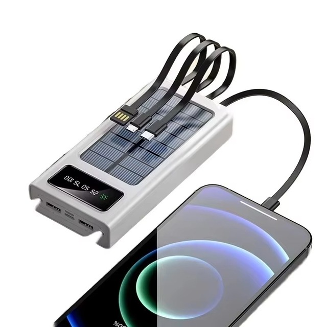 High Capacity 30000mAh Solar Power Bank with LED Light 4 Cables Fast Charging Portable Power Station for Outdoor Camping Travel