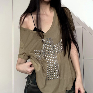 Asian Street <span class=keywords><strong>Rock</strong></span> Cross Hot Copper <span class=keywords><strong>T</strong></span>-<span class=keywords><strong>shirt</strong></span> d'é<span class=keywords><strong>t</strong></span>é décontracté à manches courtes pour femmes, épaules dénudées, teint uni, tricoté, taille 2XL, chaud - Product Image 2
