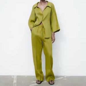 ชุดเซ็ตสองชิ้นผ้าลินินสีพื้นสำหรับผู้หญิง สไตล์ลำลอง ใส่ได้ทั้งฤดูใบไม้ผลิและฤดูร้อน กางเกงขายาวทรงกว้าง เสื้อคลุมคาร์ดิแกน ผ้าฝ้ายลินิน 100% - Product Image 1