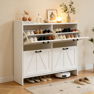 White Modern Fence Shoe Cabinet 4 Flip <b>Drawers</b> Space Saving Entryway Organizer for Living Room - Product Image 2