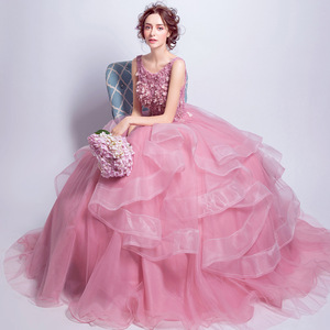 Rose Pink Ball Gown Evening Dress Sweetheart Neckline Empire Waist Floral Print For Wedding Toast Party - Product Image 4