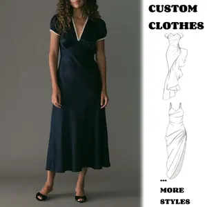 Nieuwe Mode Custom Groothandel Hoge Taille Slit Rok Polyester V-Hals Effen Kleur Korte Mouw Jurk