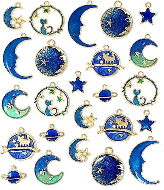 Dijes colgantes de luna y estrella de aceite azul para hacer joyas DIY, kit de accesorios, dijes de animales cortados