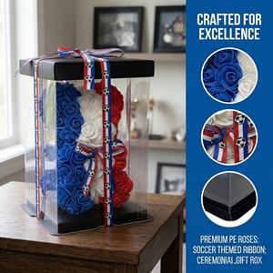 Boîte cadeau ours en fleurs artificielles France, roses bleues, blanches et rouges, ours en peluche pour les fans de football, souvenir en gros - Product Image 3