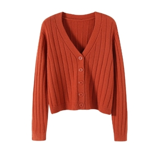 <span class=keywords><strong>Cardigan</strong></span> da donna in maglia a coste verticali <span class=keywords><strong>arancione</strong></span> ruggine, scollo a V, abbottonato, a maniche lunghe, corto, per l'autunno inverno e il look quotidiano a strati - Product Image 1