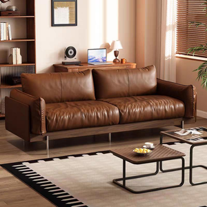 Sofá de 3 plazas de cuero marrón coñac premium con estructura de madera de nogal y metal para sala de estar - Product Image 6