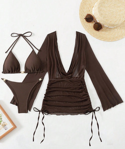 Ensemble bikini 3 pièces pour femme, maillot de bain triangle à dos nu, manches longues, décolleté en V profond, robe mini-paréo en maille avec cordon de serrage, vêtements de plage, vente en gros - Product Image 5
