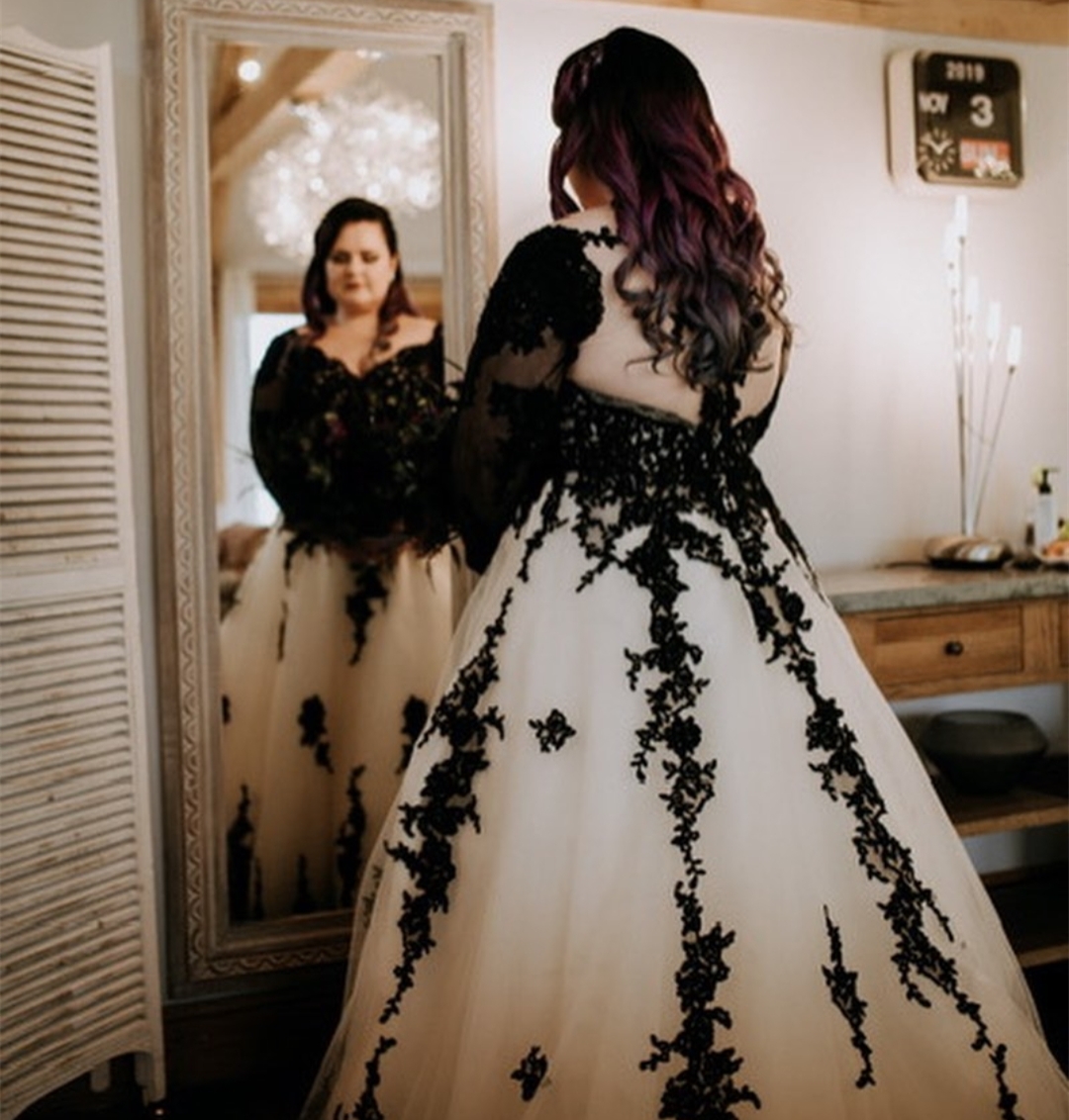 black and white plus size wedding dresses Plus Size Long Off-Shoulder Floral Wedding Gown