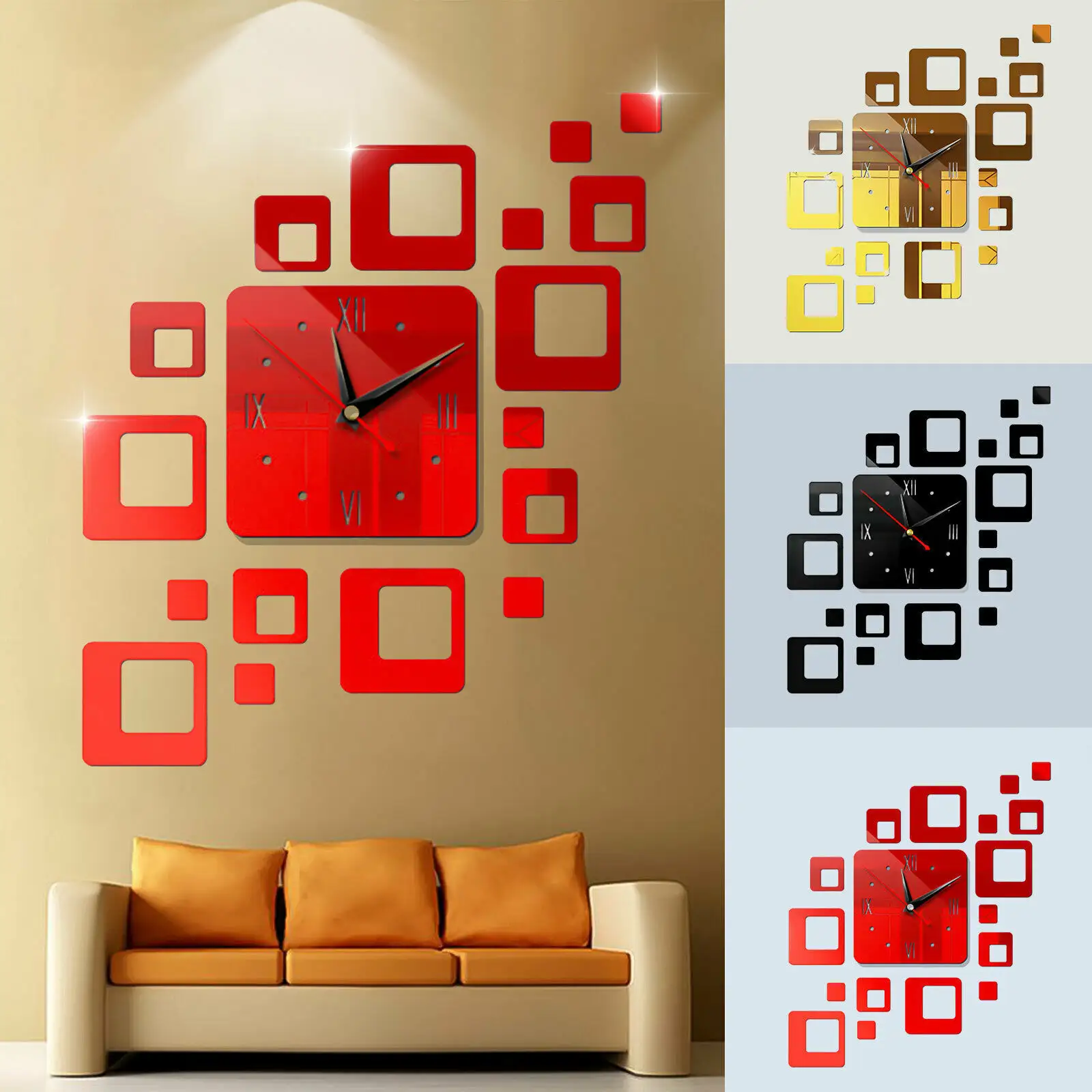 Jam dinding persegi, jam dinding cermin akrilik, latar belakang TV, jam stiker dinding