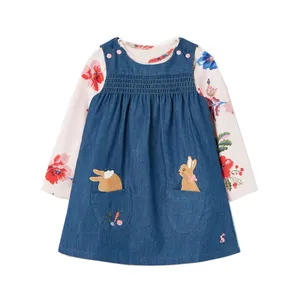 Good quality kids dress denim baby girl smocking dress with applique cartoon