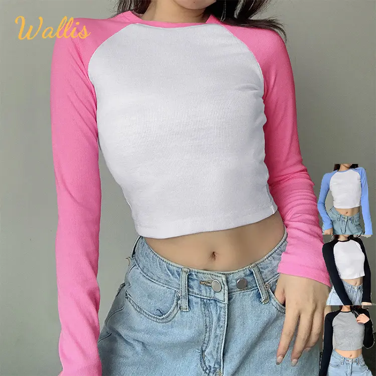 Fashionable Pink Patchwork 5 Spandex 95 Polyester Streetwear Ribbed Ladies Custom Sexy Women Crop Top Long Sleeve Tshirt T-Shirt